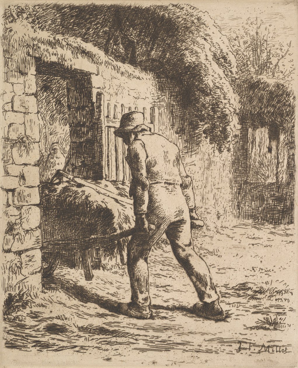 Chłop pchający taczki, 1855 autorstwa Jean Francois Millet
