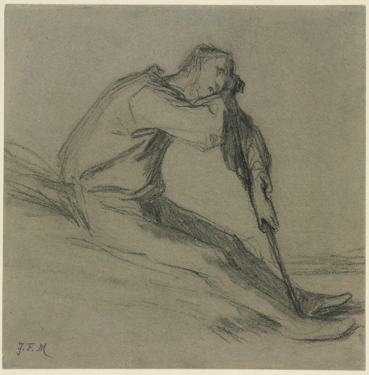 Siedzący chłop odpoczywający na motyce. autorstwa Jean Francois Millet