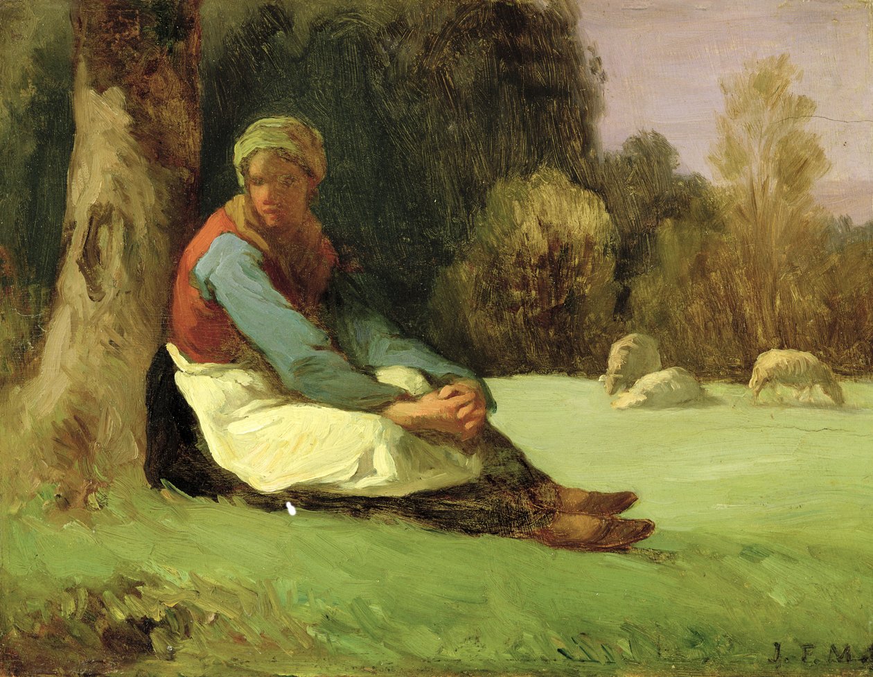 Siedząca pasterka (olej na płycie) autorstwa Jean Francois Millet