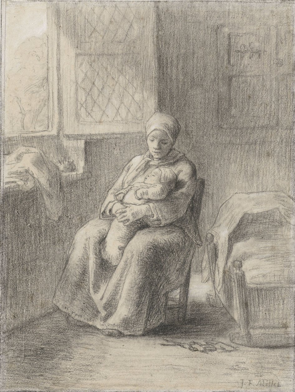 Siedząca kobieta z dzieckiem przy oknie, ok. 1824-75 (kreda na papierze) autorstwa Jean Francois Millet