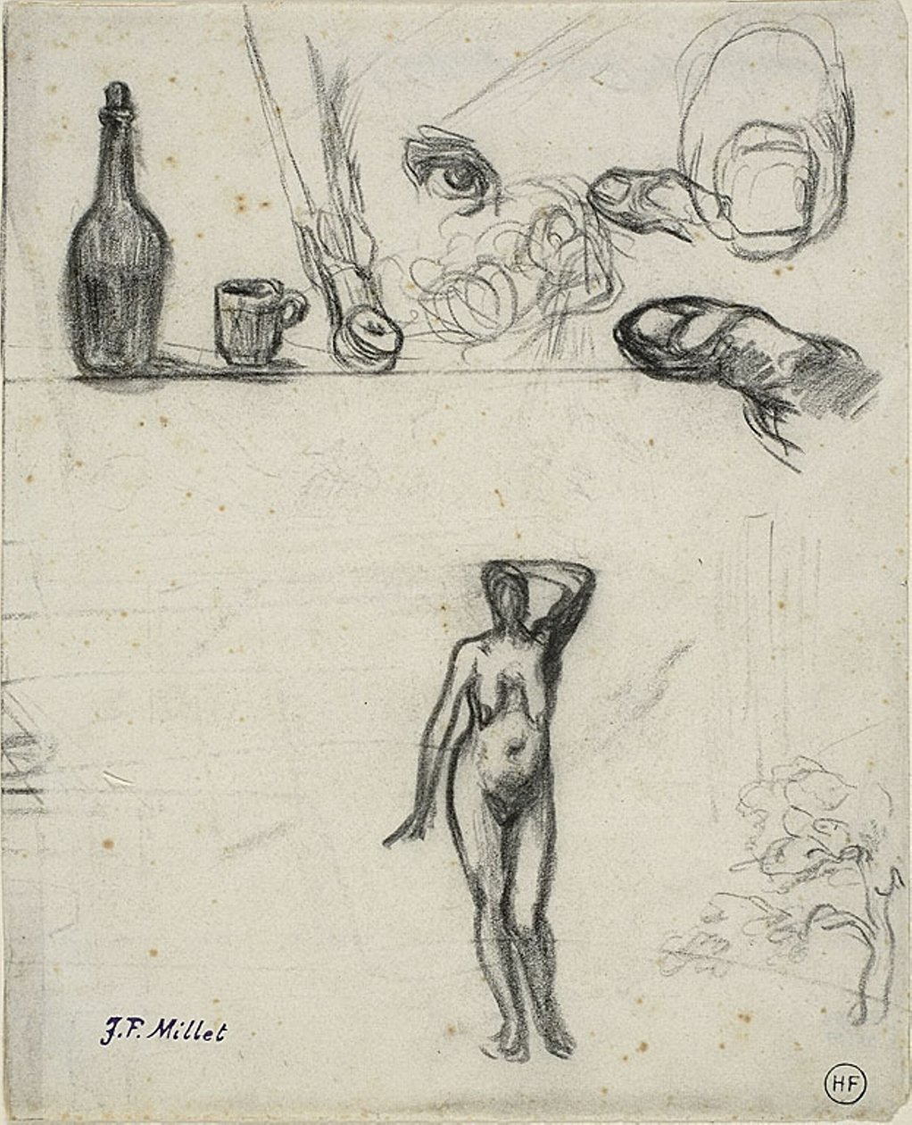 Arkusz szkiców: Stojąca kobieta nago, drzewo, martwa natura, palce i oko autorstwa Jean Francois Millet