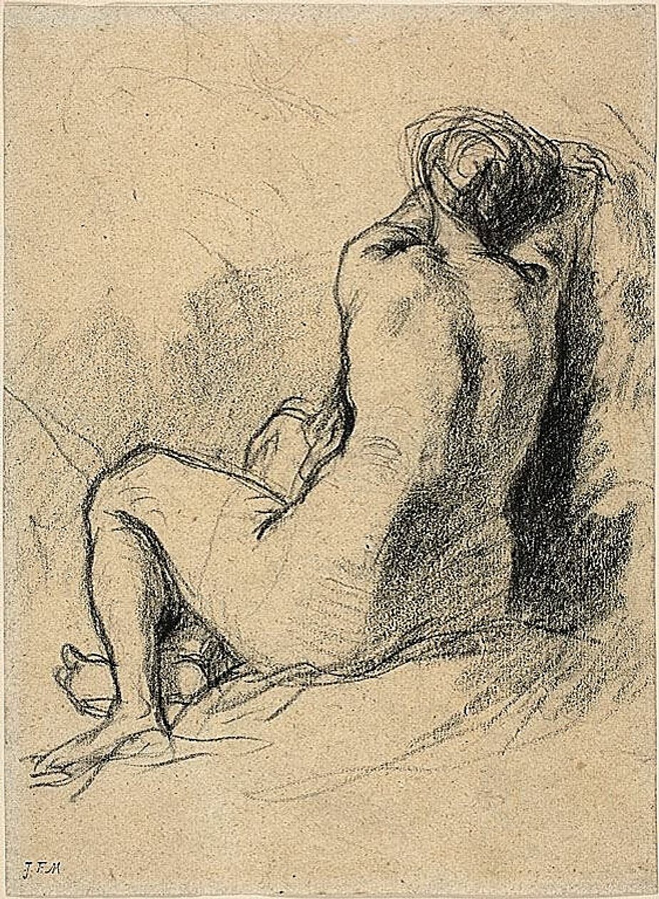 Studium: Naga kobieta widziana od tyłu (recto) Szkice pracujących chłopów (verso) autorstwa Jean Francois Millet