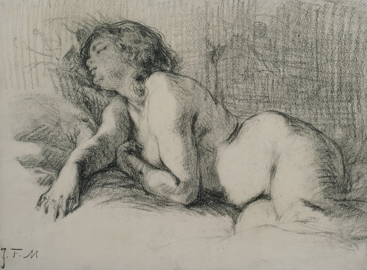 Studium leżącej aktu kobiecego (węgiel na papierze) autorstwa Jean Francois Millet