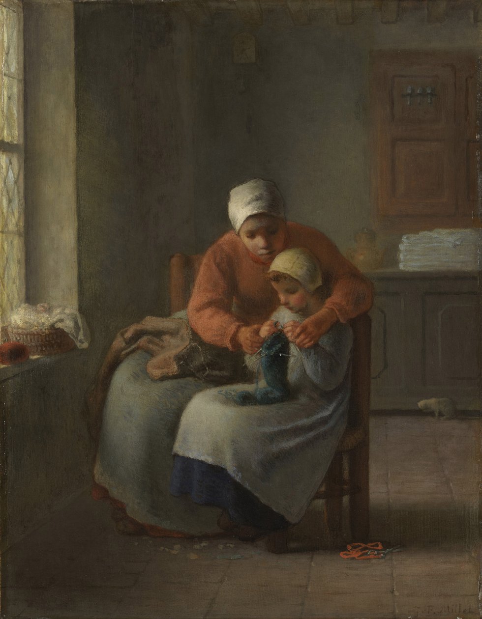 Lekcja robienia na drutach, ok. 1860 r. autorstwa Jean Francois Millet