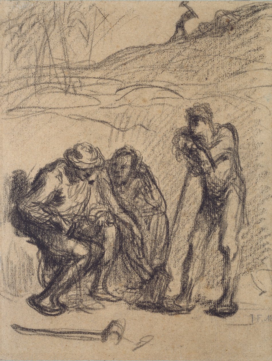 Trzech chłopów odpoczywających, jeden oparty o łopatę, ok. 1850-1851 autorstwa Jean Francois Millet
