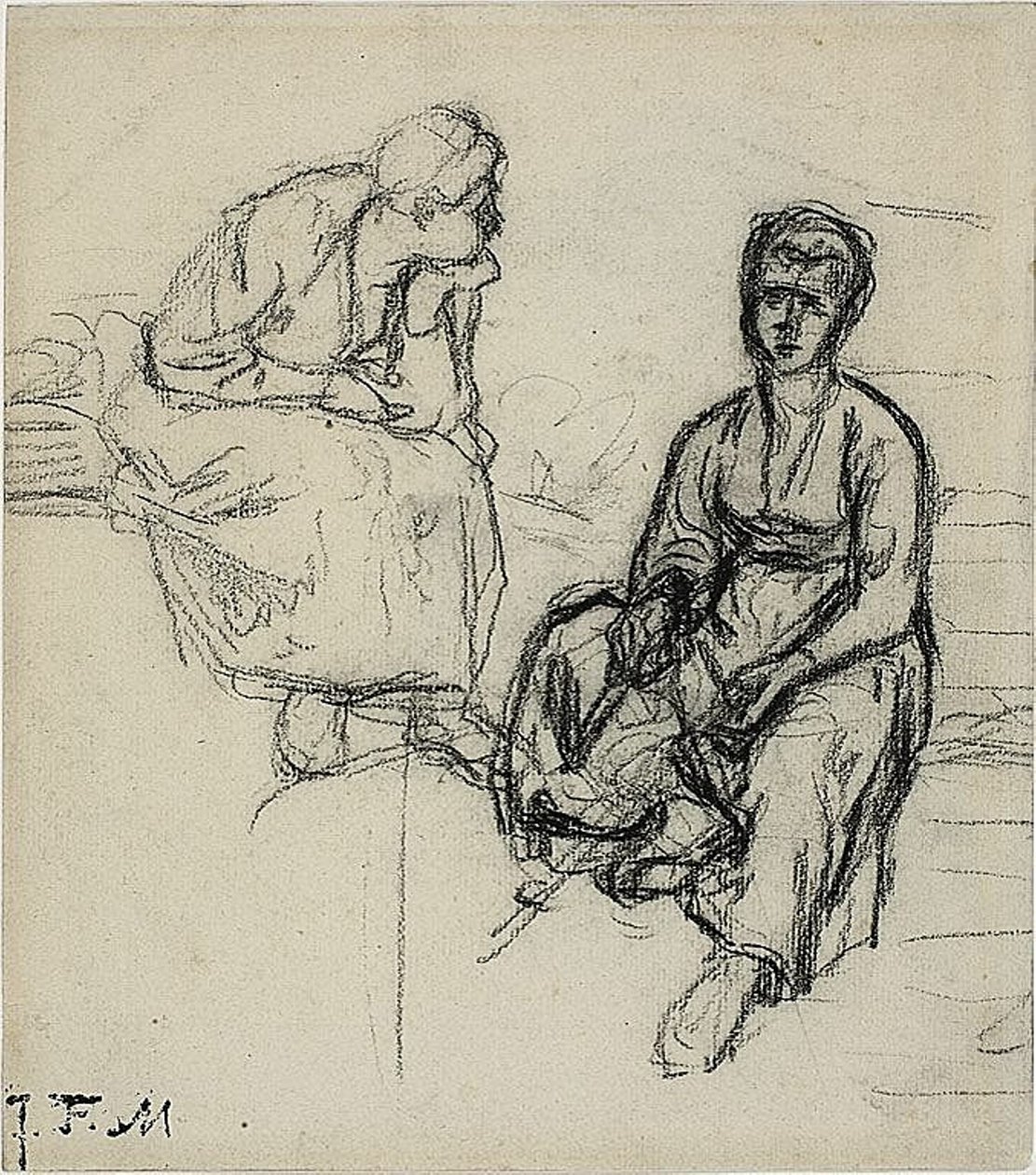 Dwa etiudy siedzącej chłopki (recto); Studium młodej dziewczyny w kapeluszu (verso) autorstwa Jean Francois Millet