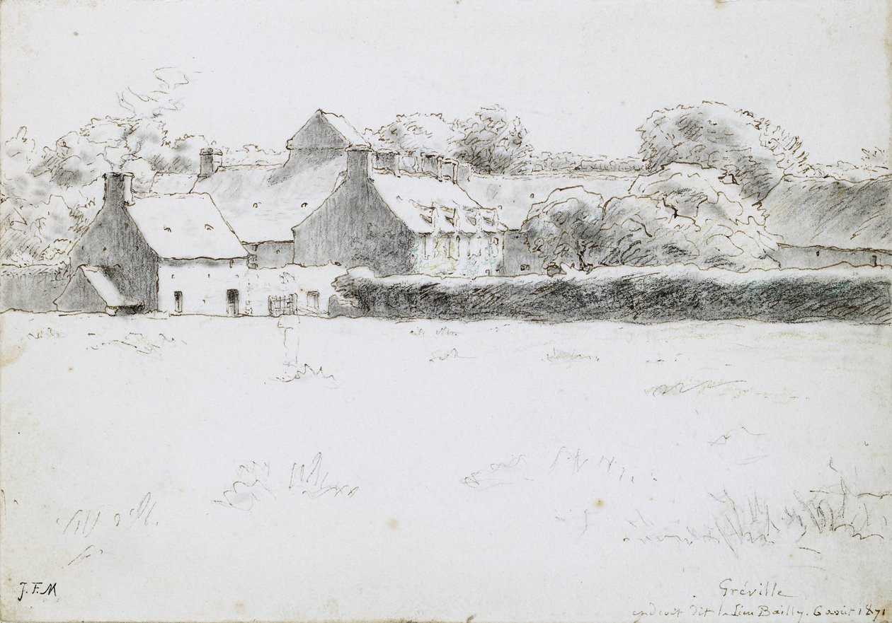 Widok zabudowań gospodarczych na pole, 1871 (grafit z czarną kredą, piórem, tuszem i kredką na papierze) autorstwa Jean Francois Millet