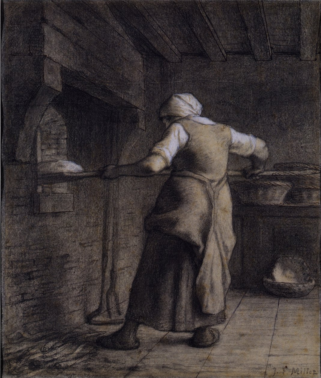 Kobieta pieczenia chleba (czarna, biała i brązowa kreda na papierze) autorstwa Jean Francois Millet