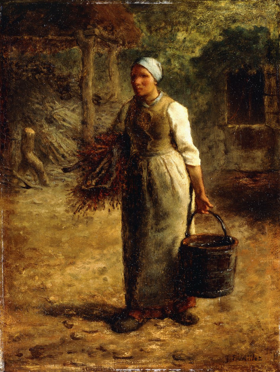 Kobieta niosąca drewno opałowe i wiadro, ok. 1858-60 autorstwa Jean Francois Millet