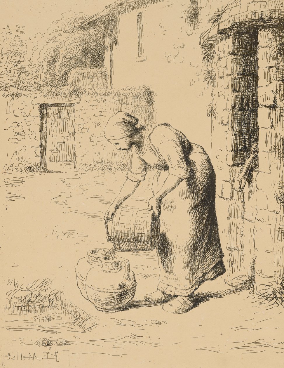 Kobieta opróżniająca wiadro, 1862 (cliché verre) autorstwa Jean Francois Millet