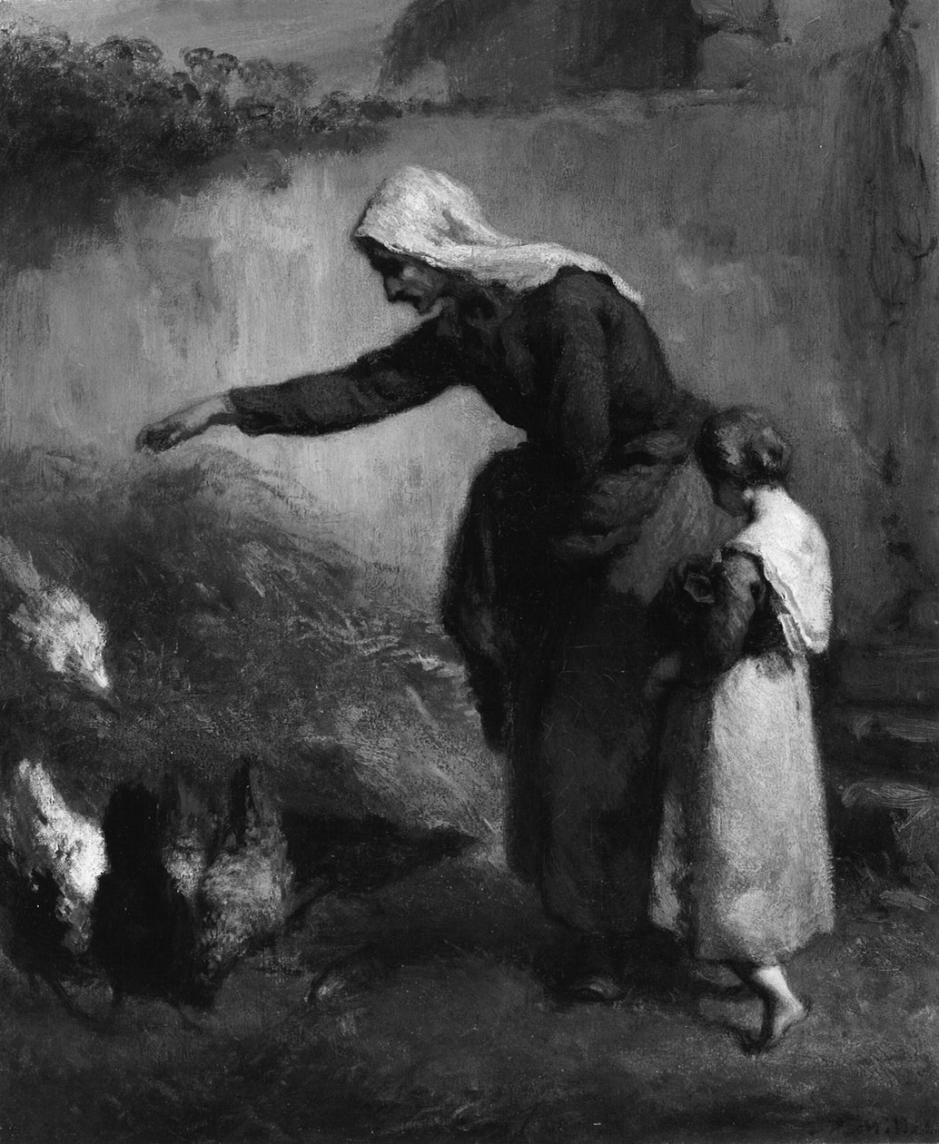 Kobieta karmiąca kurczaki autorstwa Jean Francois Millet