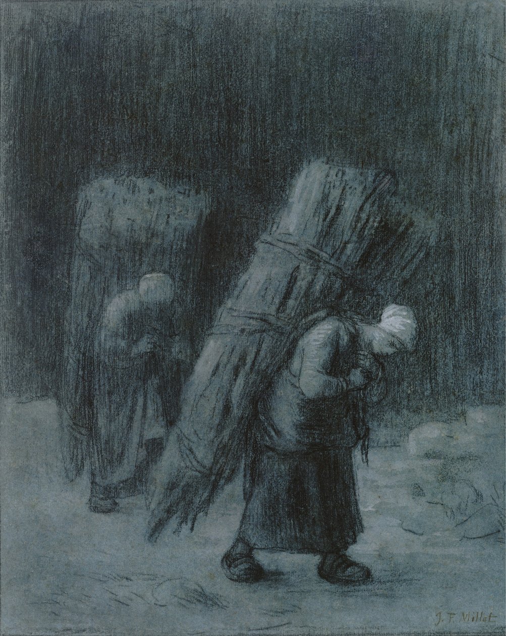 Mulheres carregando galhos, c.1858 (carvão realçado com guache branco, borda de carvão, sobre papel azul-acinzentado grosso)polonês autorstwa Jean Francois Millet