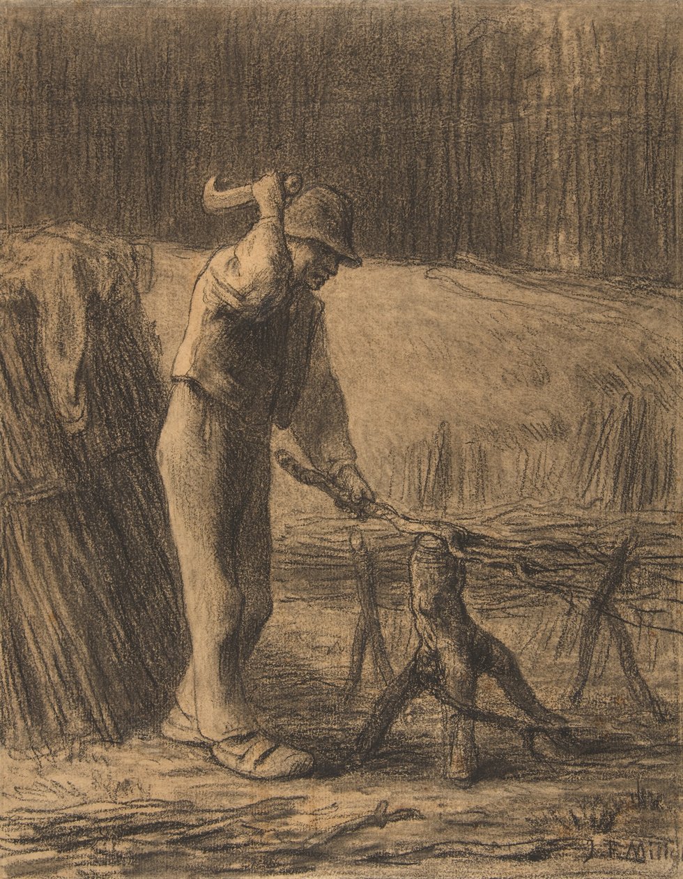 Drwal przycinający gałązki, 1853-54 (kredka conté z pniakami na beżowym papierze czerpanym) autorstwa Jean Francois Millet