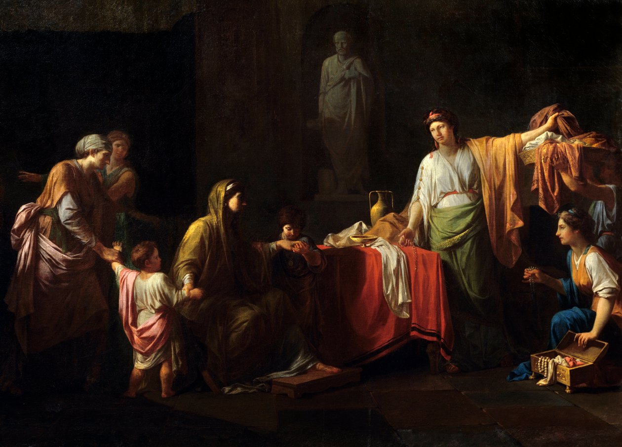 Szczegół: Cornelie (189 - 110 pne) matka Graków - Tiberius Sempronius Gracchus i jego brat Caius Sempronius Gracchus nazywany Gracques, rzymscy mężowie stanu - Obraz Jeana Francois Peyrona (1744-1814) autorstwa Jean François Pierre Peyron
