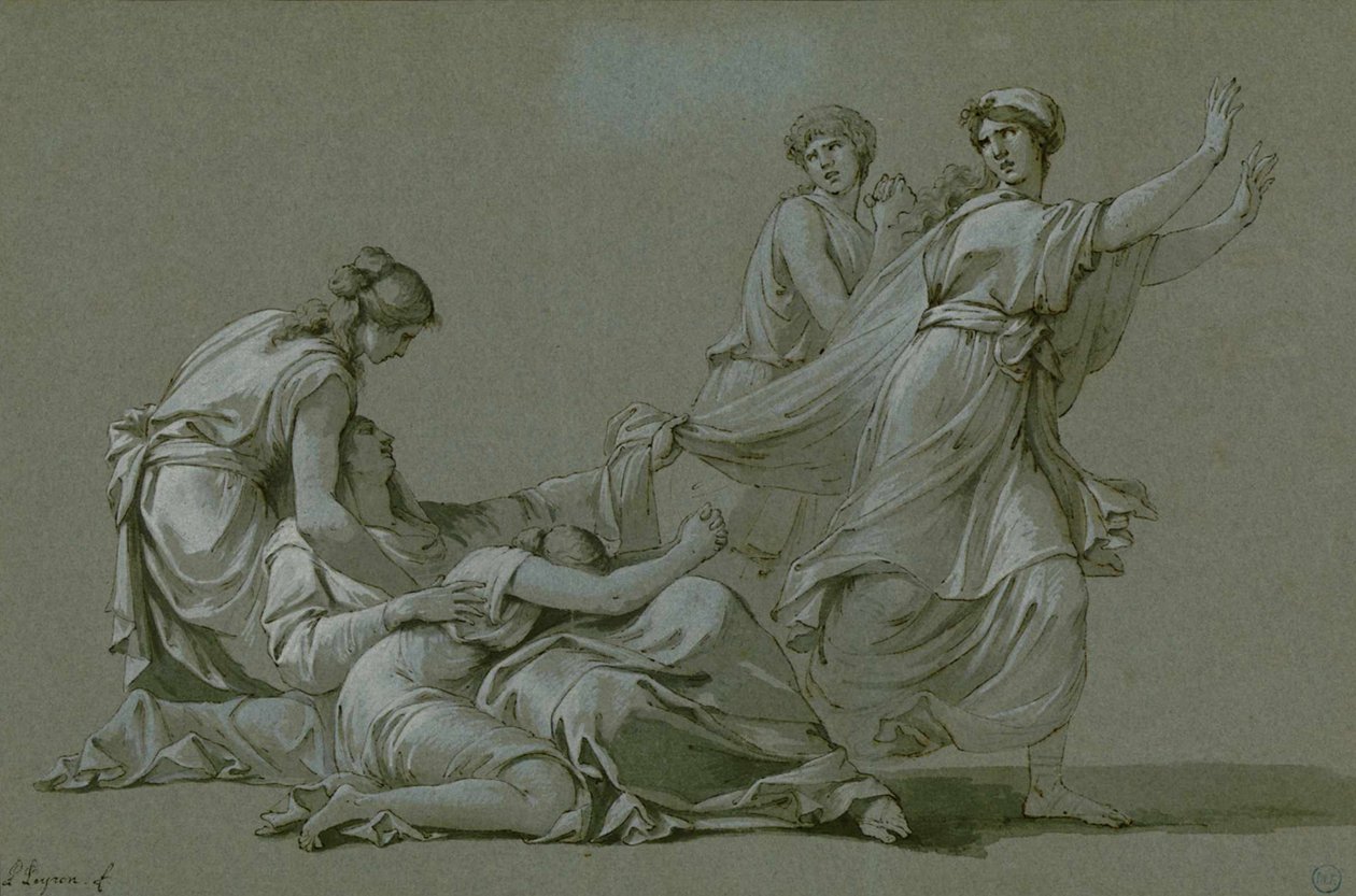 Młodzi mężczyźni i dziewice z Aten mają być ofiarowani jako ofiary Minotaurowi, ok. 1778 r. autorstwa Jean François Pierre Peyron
