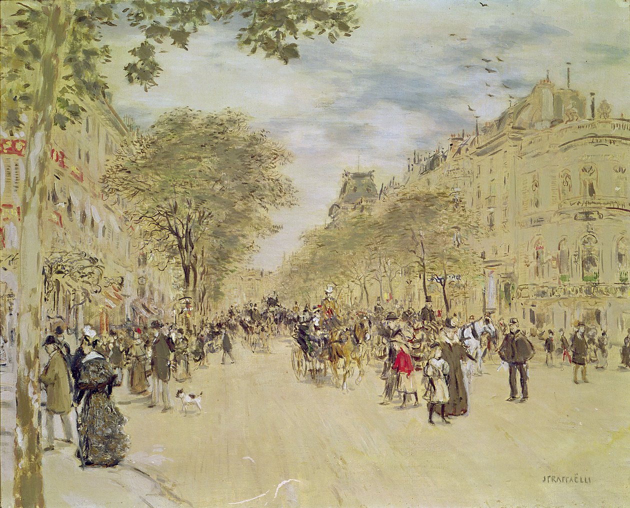 Pavillon de Hanovre i Boulevard des Italiens, Paryż, po 1870 (gwasz i wc na papierze) autorstwa Jean Francois Raffaelli