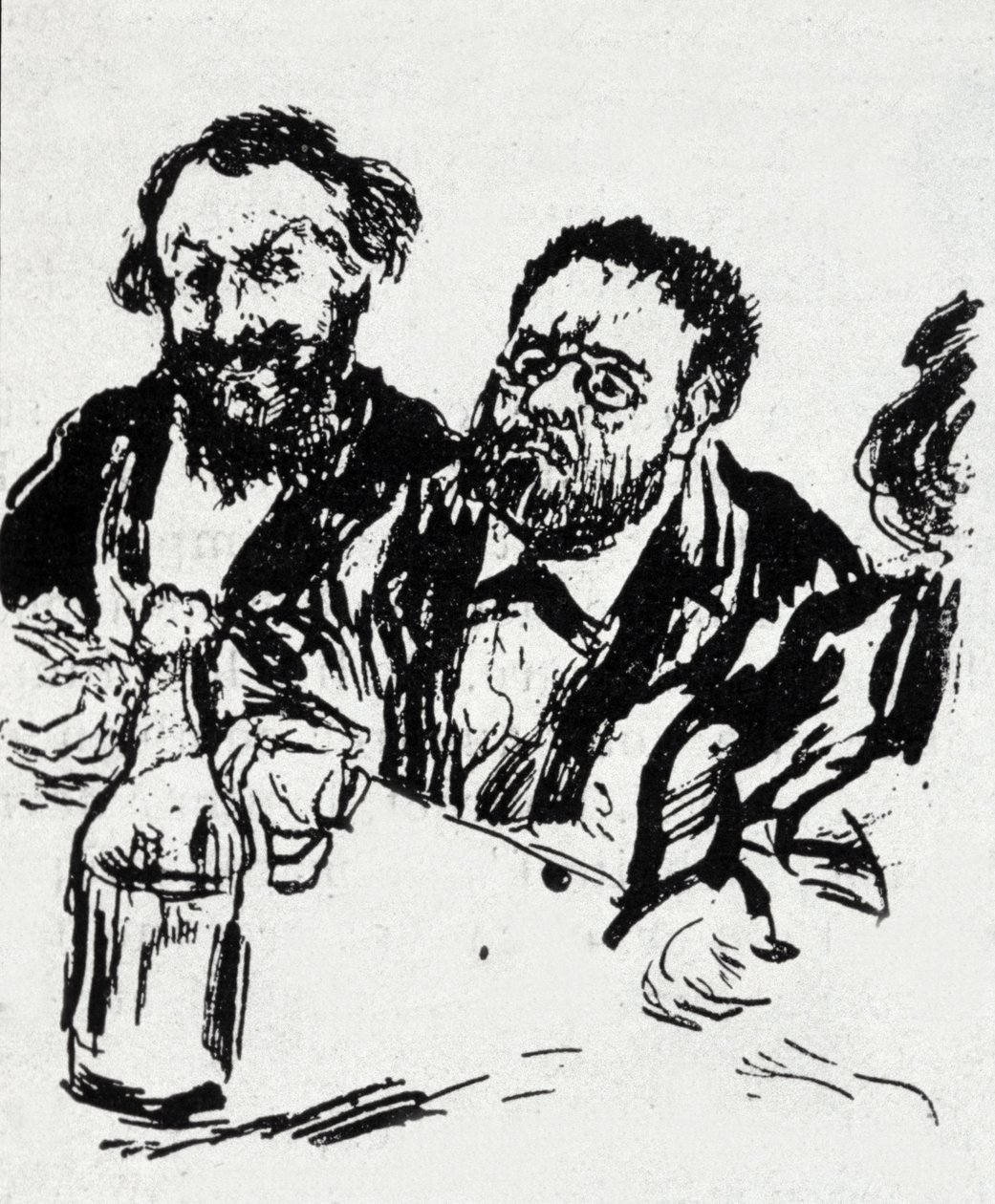 Malarz Edouard Manet (1832-1883) i pisarz Emile Zola (1840-1902) przy stole Karykatura Jeana Francois Raffaelli (1850-1924) autorstwa Jean Francois Raffaelli