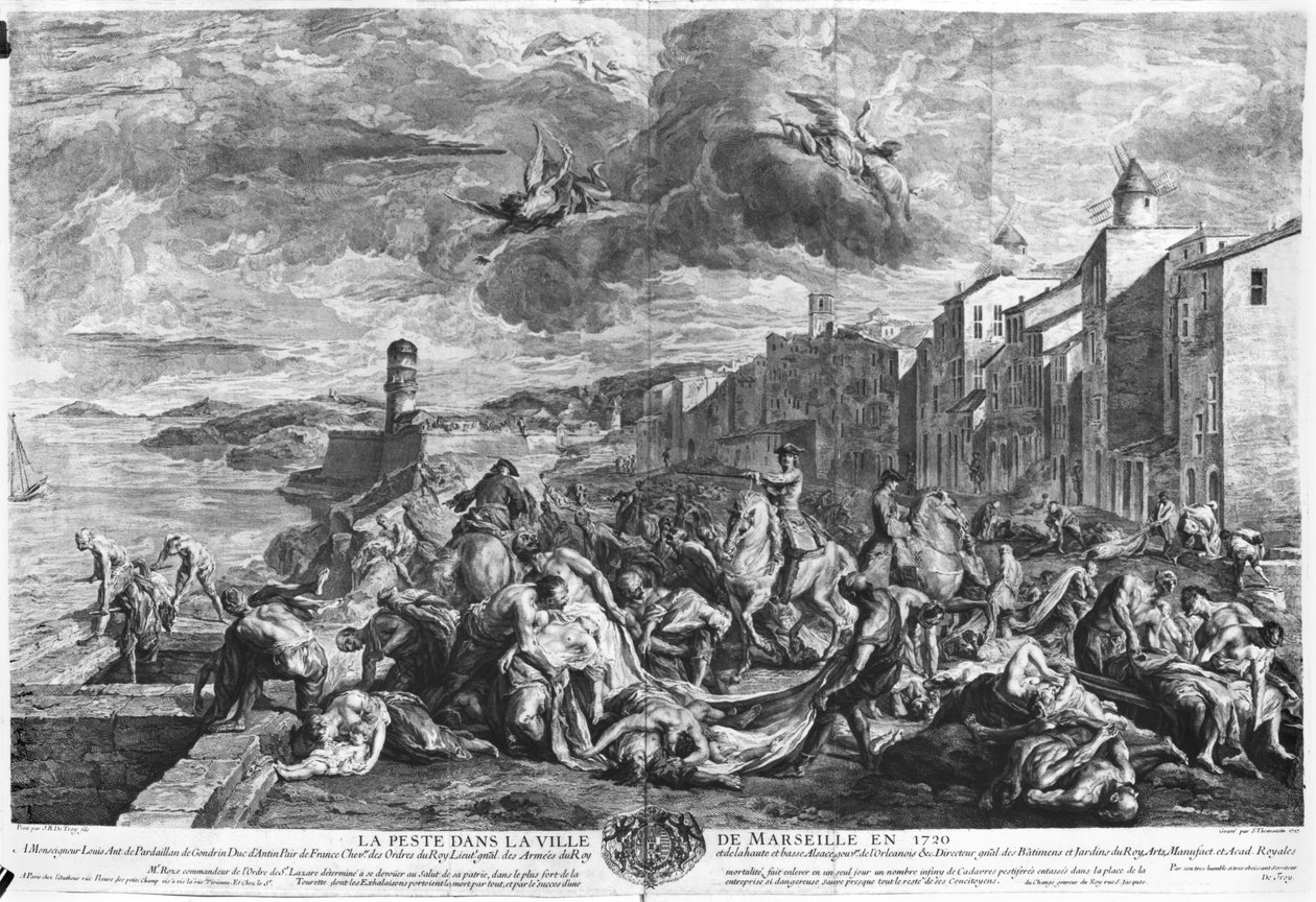 Plaga z 1720 r. w Marsylii, sztychowana przez Simona Thomassina (1655-1733) 1727 (rycina) (zdjęcie czarno-białe) autorstwa Jean Francois de (after) Troy