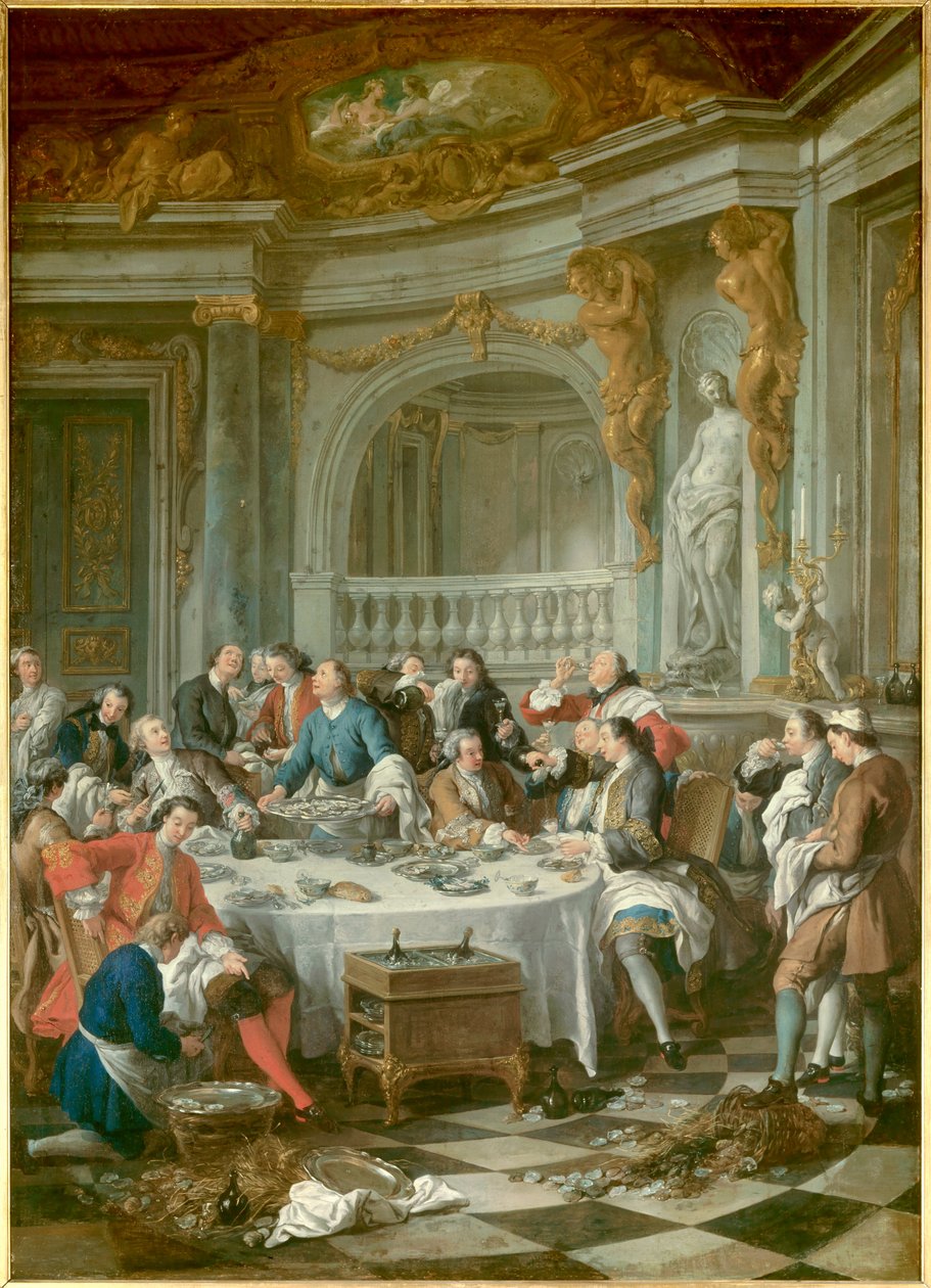 Śniadanie Ostryg Grupa szlachty, wyłącznie mężczyzn, oddająca się gastronomicznym rozpustom ostryg i alkoholu. Obraz Jeana Francois De Troy (1679-1752) 1735 Nd. 1,80 x 1,26 m Chantilly, musee Conde - Obiad ostryg. Obiad z ostryg dla mężczyzn: g autorstwa Jean François de Troy
