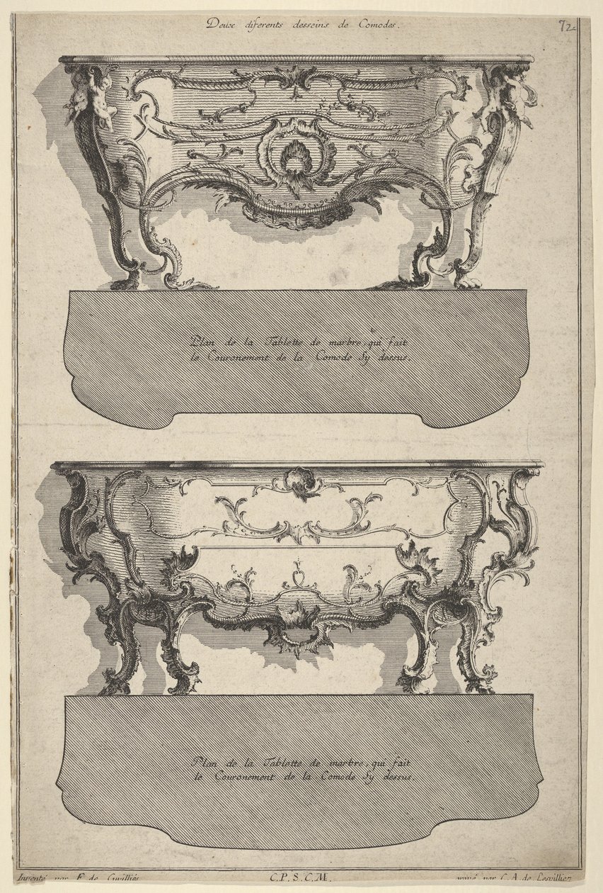 Wzory na dwie komody z „Livre de differents dessein de Comodes”, 1745-56 autorstwa Jean François Cuvilliés