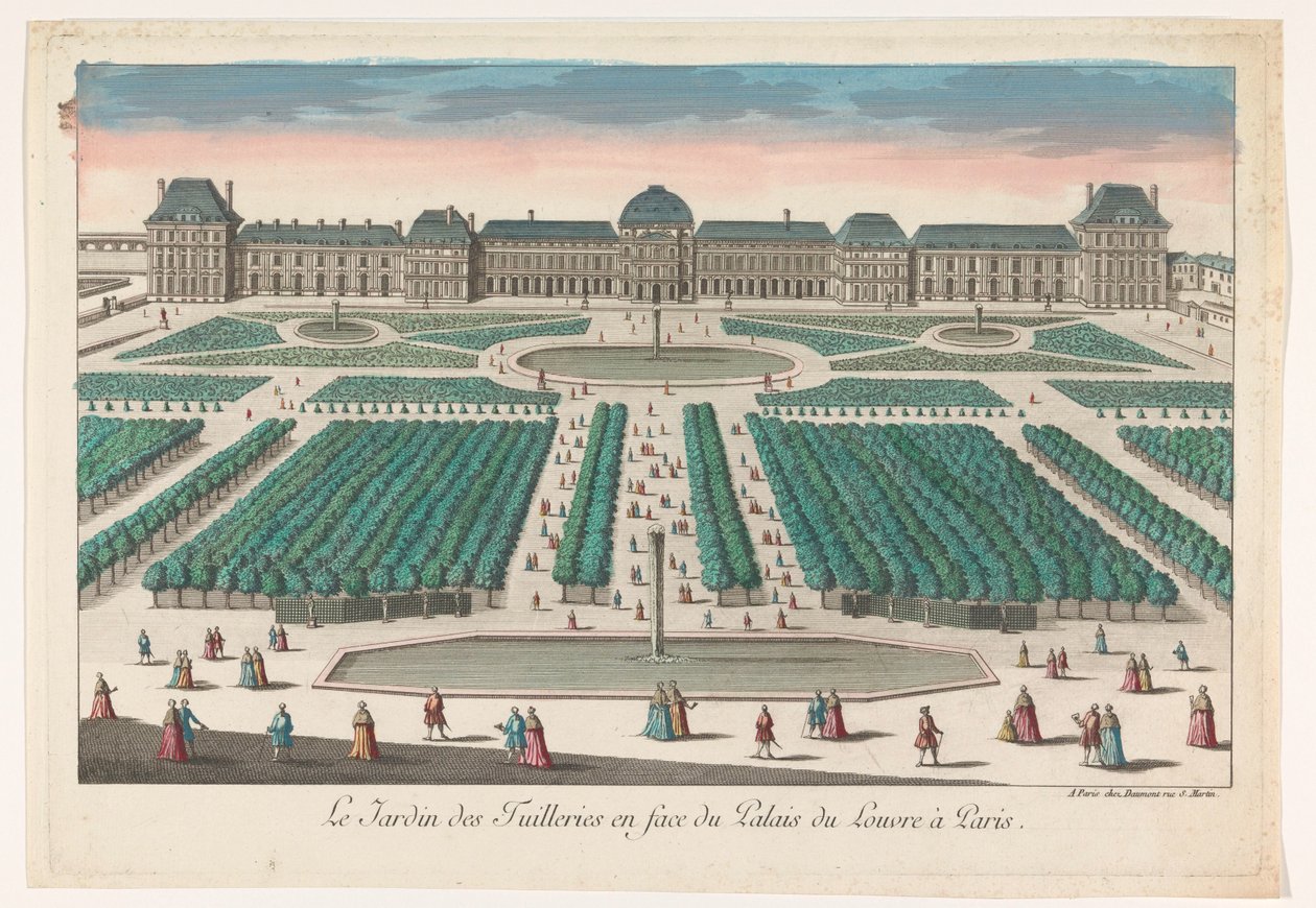 Widok na Jardin des Tuileries w Paryżu widziany w kierunku Palais du Louvre Le Jardin des Tuilleries en face du Palais du Louvre à Paris (tytuł na obiekcie) autorstwa Jean François Daumont