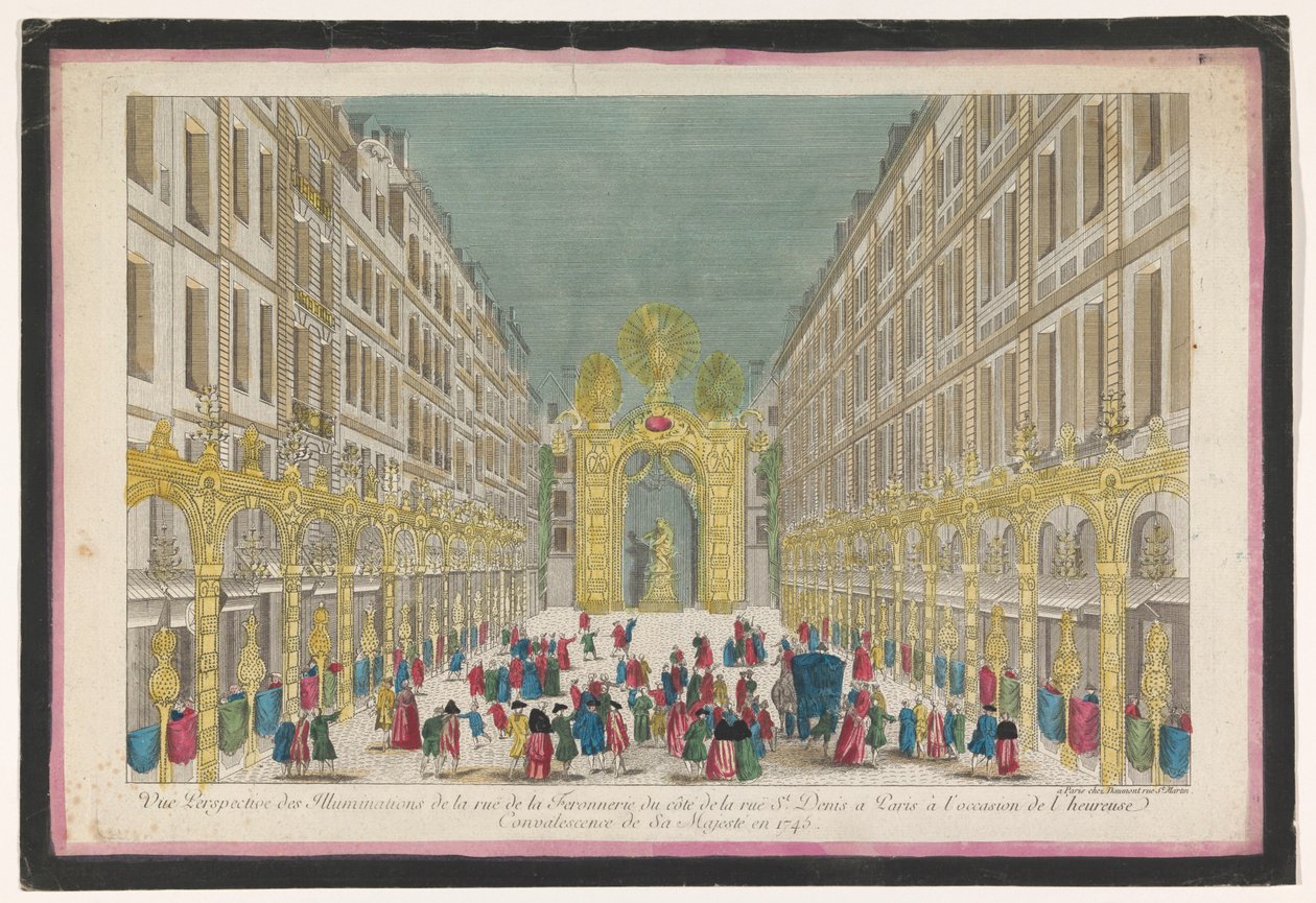 Widok dekoracji Rue de la Feronnerie w Paryżu z okazji restauracji Ludwika XV, króla Francji w 1745 r. Vue perspective des lightings de la Ruë de la Feronnerie du Côté de la Ruë St. Denis a Paris (...) (tytuł na autorstwa Jean François Daumont