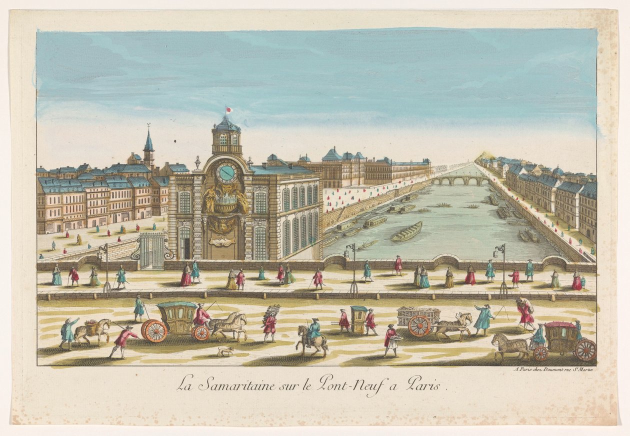 Widok pompy wodnej Samaritaine na Pont Neuf nad Sekwaną w Paryżu La Samaritaine sur le Pont Neuf a Paris (tytuł na obiekcie) autorstwa Jean François Daumont