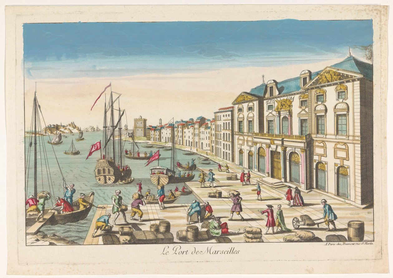 Widok na ratusz i port w Marsylii Le port de Marseille (tytuł na obiekcie) autorstwa Jean François Daumont