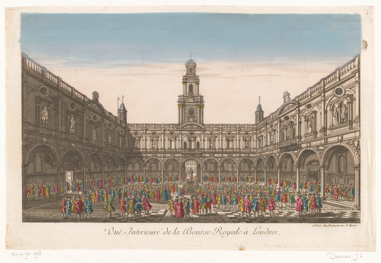 Widok wnętrza Royal Exchange w Londynie Vuë Interieure de la Bourse Royale à Londres (tytuł na obiekcie) autorstwa Jean François Daumont