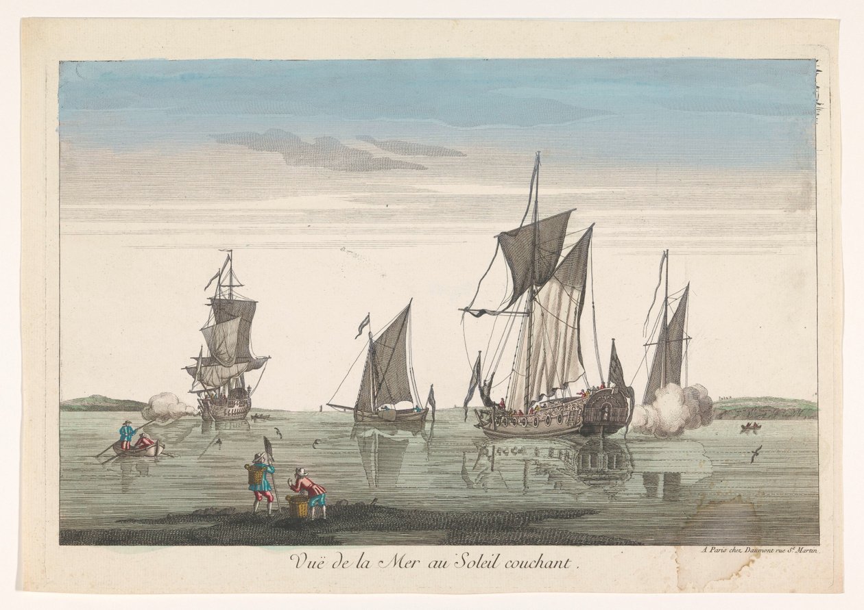 Pejzaż morski ze statkami i łodziami o zachodzie słońca Vue de la mer au soleil couchant (tytuł na obiekcie) autorstwa Jean François Daumont