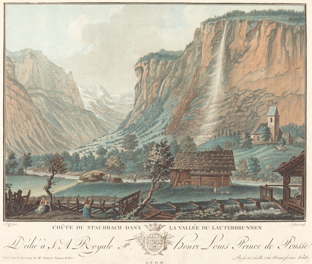 Chute de Staubbach, dans la Vallée de Lauterbrunnen (wodospady w Staubbach w dolinie Lauterbrunnen) autorstwa Jean François Janinet after Caspar Wolf