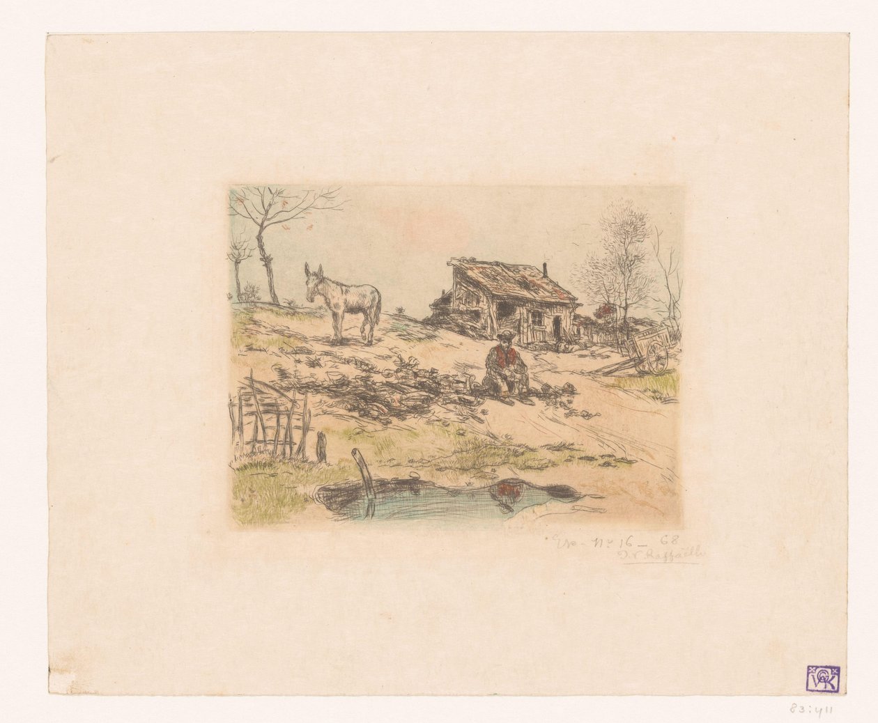 Krajobraz z człowiekiem i osłem w chacie La cabane du chiffonnier autorstwa Jean François Raffaëlli (signed by artist)