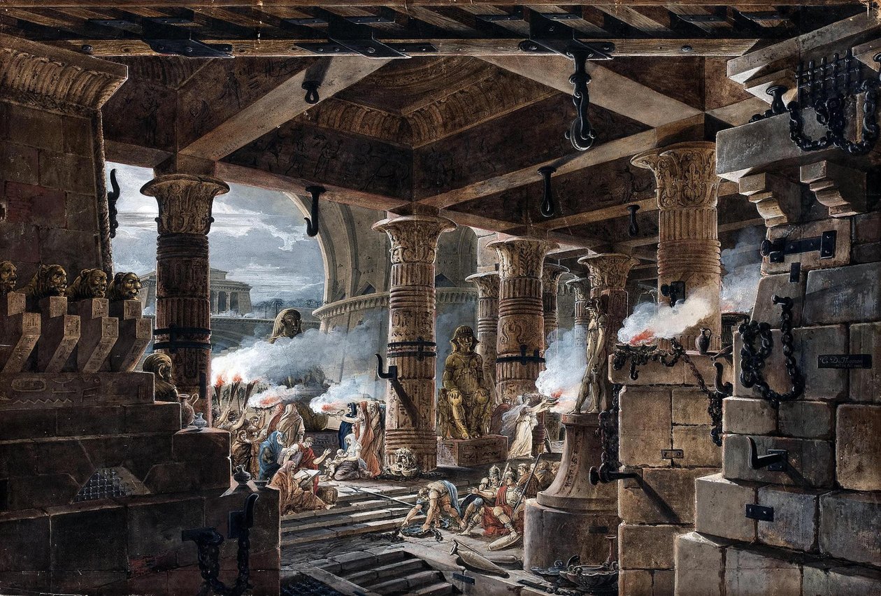 Fantazja architektoniczna - widok wnętrza świątyni egipskiej, 1803 autorstwa Jean François Thomas de Thomon