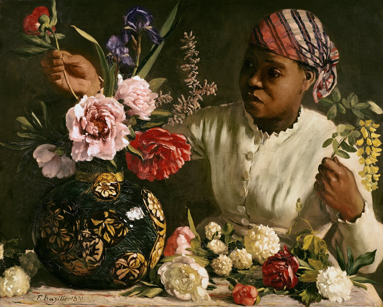 Czarna kobieta z piwoniami, 1870 autorstwa Jean Frederic Bazille