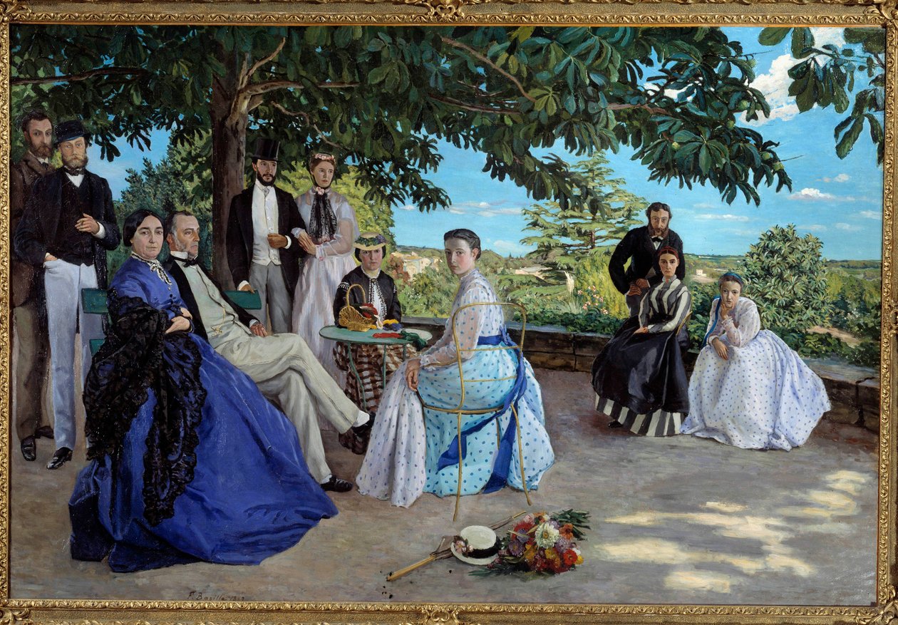 Spotkanie rodzinne: portret francuskiej rodziny mieszczańskiej zebranej w ogrodzie. Od lewej do prawej: Jean Frederic Bazille, jego wuj Monsieur des Hours, jego matka i ojciec, jego kuzynka Pauline i jej mąż Monsieur Teulon, jego ciotka Madame des Hours i autorstwa Jean Frederic Bazille
