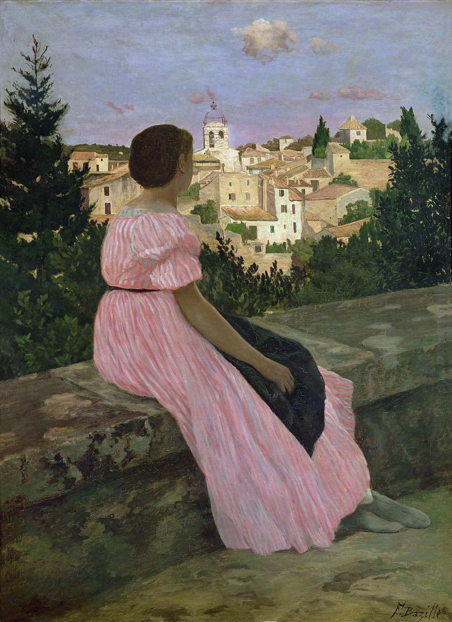 Różowa sukienka, czyli widok Castelnau-le-Lez, Herault, 1864 autorstwa Jean Frederic Bazille