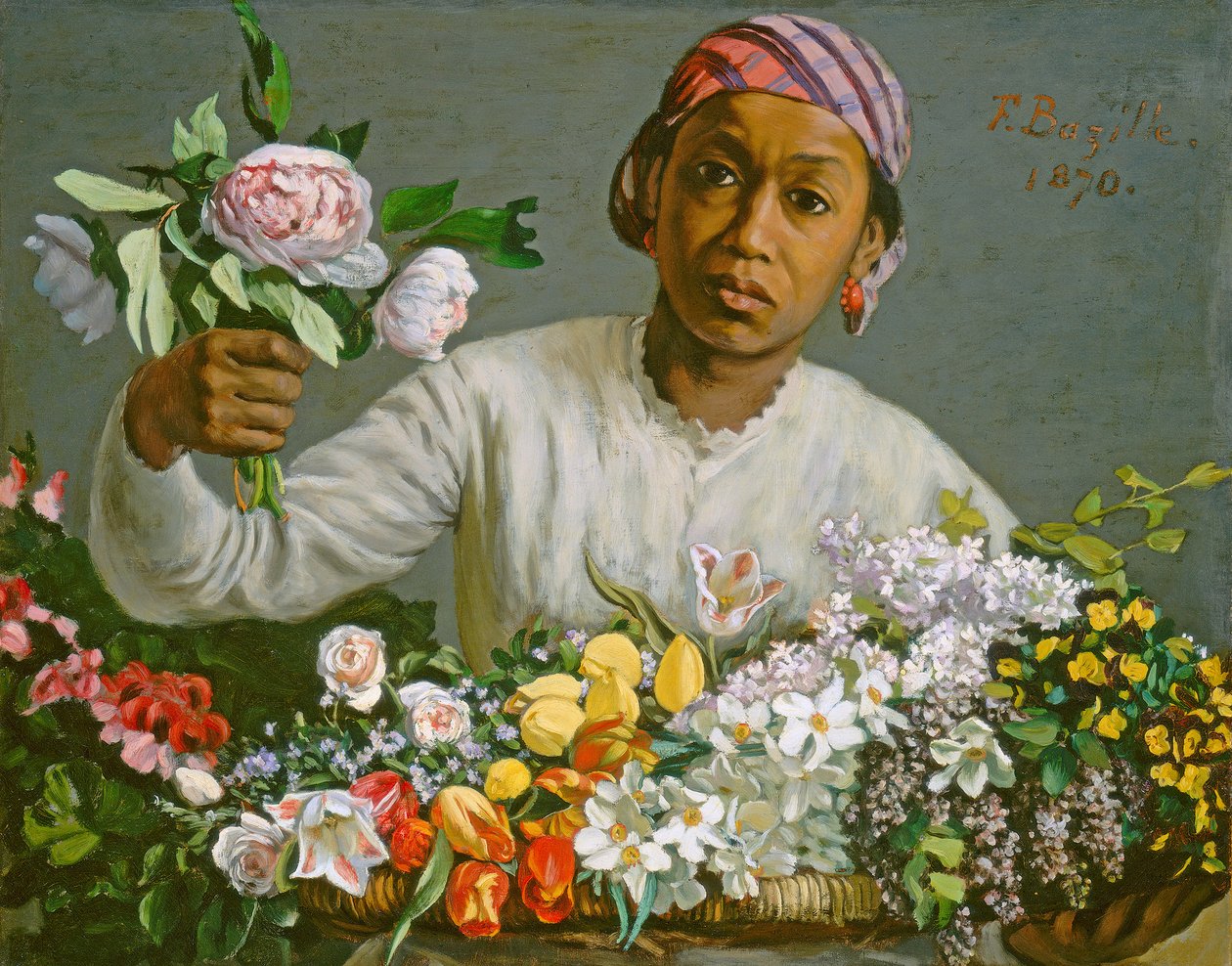 Młoda kobieta z piwoniami, 1870 autorstwa Jean Frederic Bazille