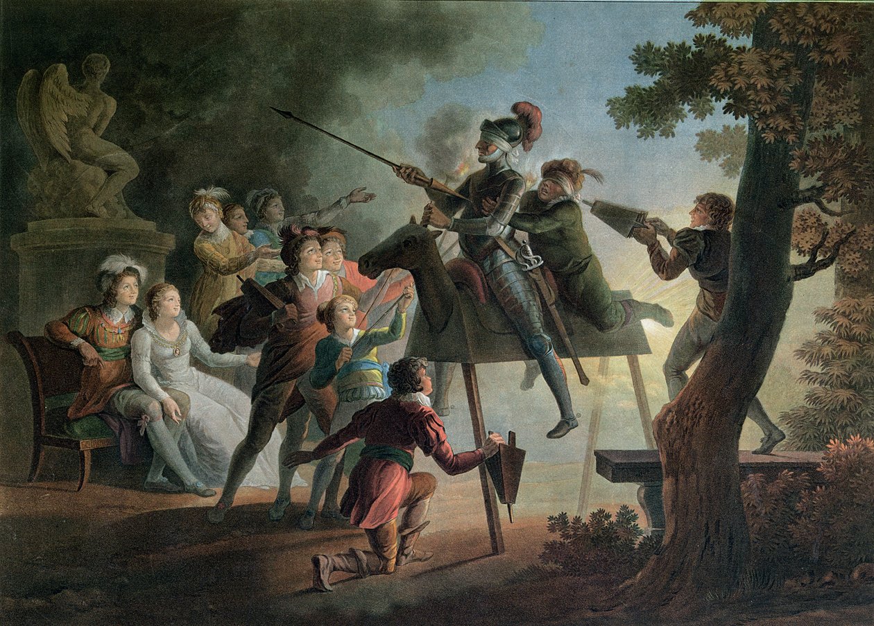 Don Kichot i Sancho Pansa na drewnianym koniu autorstwa Jean Frederic Schall