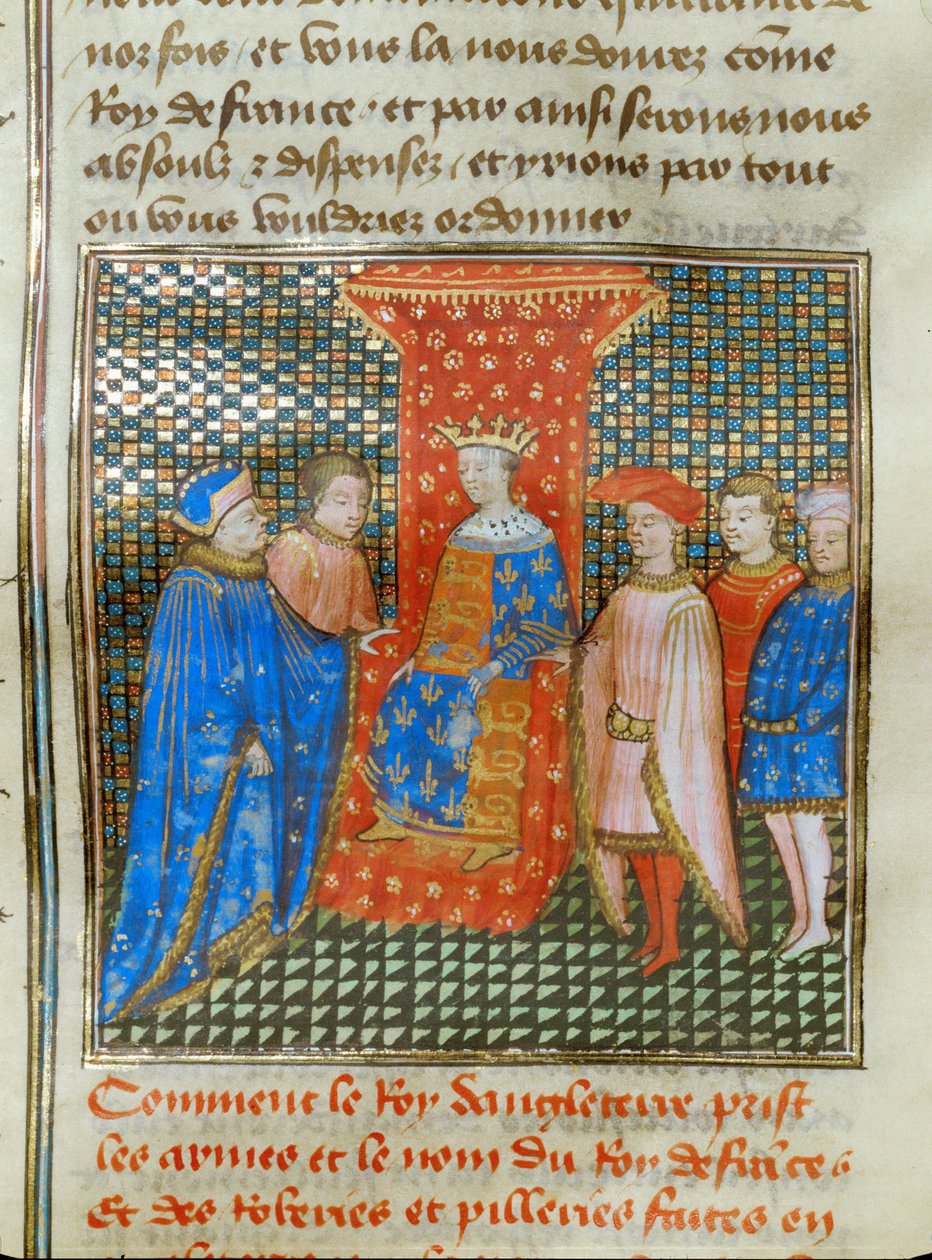 Angielski król Edward III na tronie, odziany w tunikę z angielskimi i francuskimi emblematami, słucha przemówienia Roberta z Artois ... autorstwa Jean Froissart