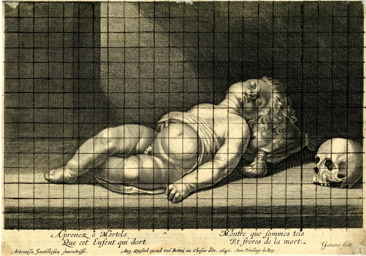 Jean Ganière - Dziecko śpiące z głową opartą na poduszce; czaszka po prawej stronie. 1640 autorstwa Jean Ganière