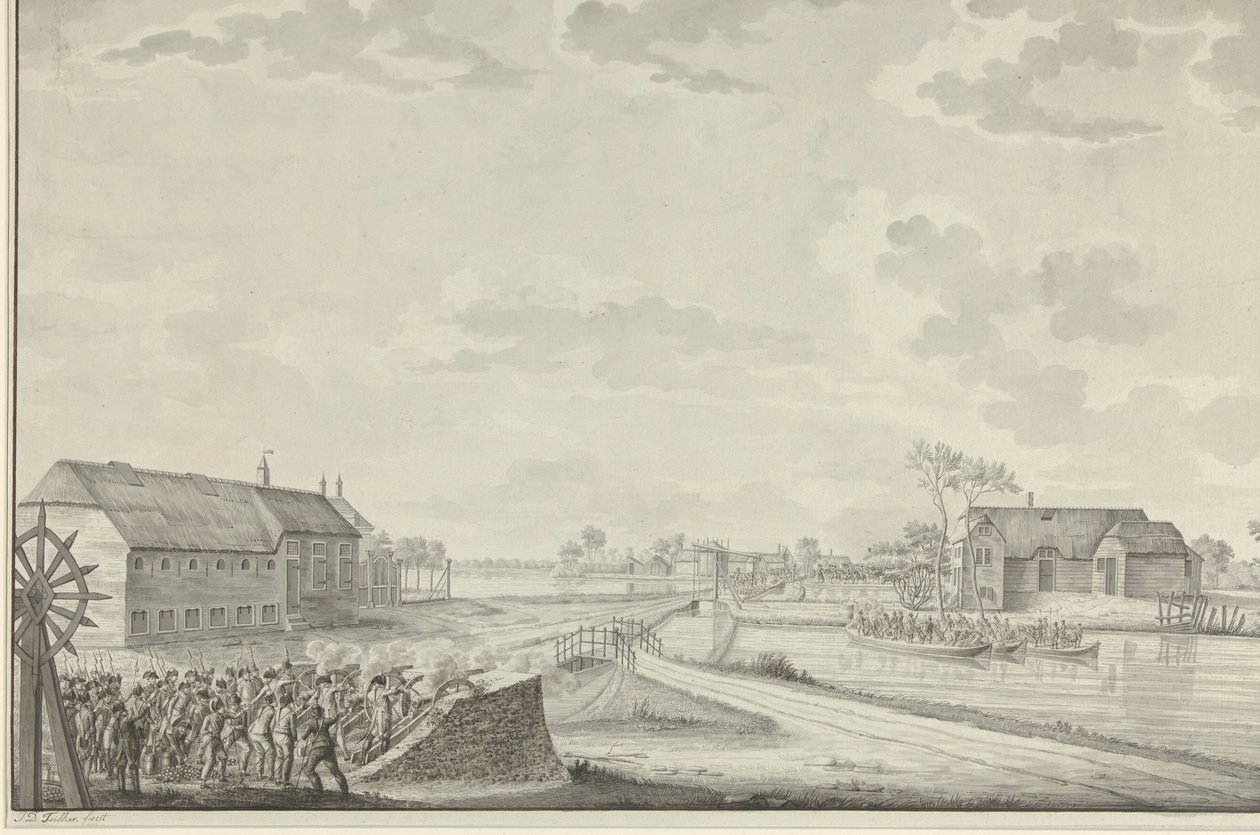 Atak Prusów pod dowództwem pułkownika Van Brusha na moście Duivendrecht, 1 października 1787 autorstwa Jean George Teissier (signed by artist)