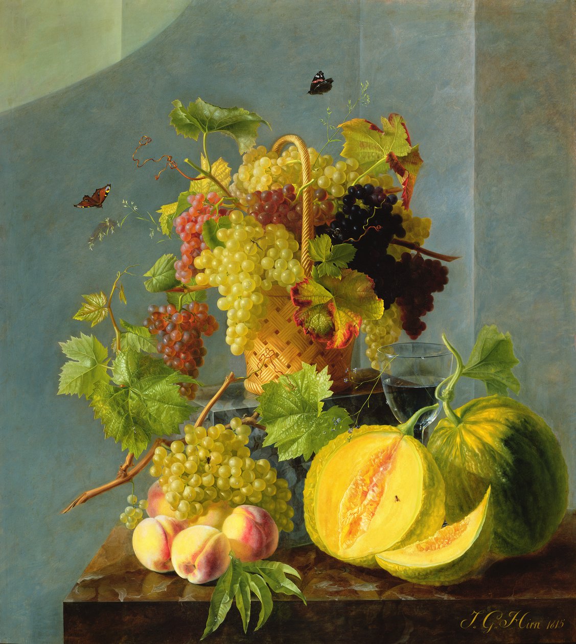 Martwa natura z koszem winogron i melonów, 1815 (olej na miedzi) autorstwa Jean Georges Hirn