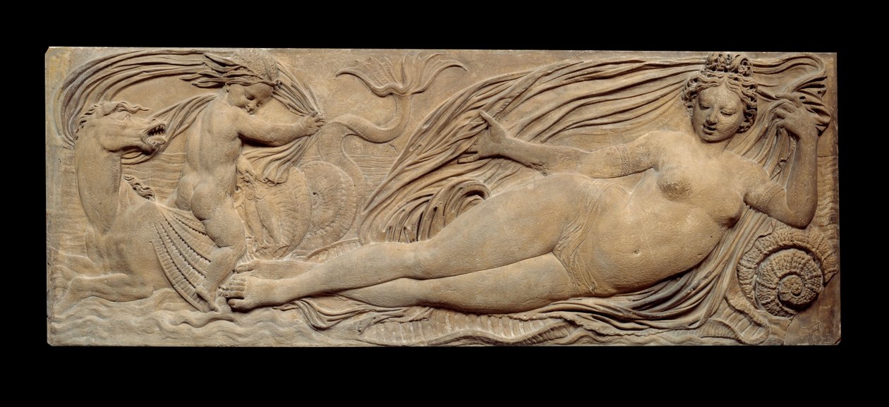 Nimfa i mały dżin jeżdżą na koniu morskim; Nimfa i Triton otoczeni przez dwa małe dżiny. Płaskorzeźba. Kamienna rzeźba Jean Goujon (1510-1567) autorstwa Jean Goujon
