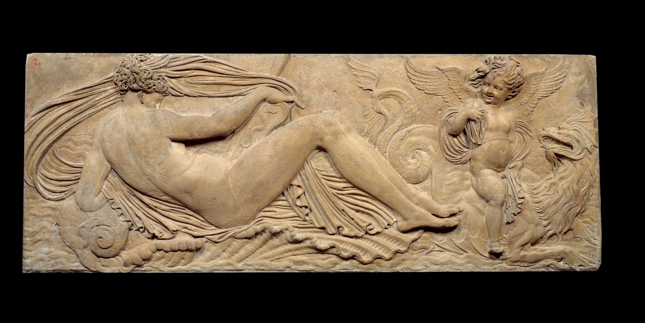 Nimfa i mały dżin jeżdżą na koniu morskim; Nimfa i Triton otoczeni przez dwa małe dżiny. Płaskorzeźba. Kamienna rzeźba Jean Goujon (1510-1567) autorstwa Jean Goujon