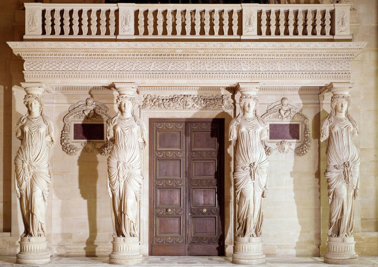Architektura renesansowa: balkon Kariatydów. Kamienna rzeźba Jean Goujon (1510-1567) XVI-wieczny Paryż, Luwr autorstwa Jean Goujon