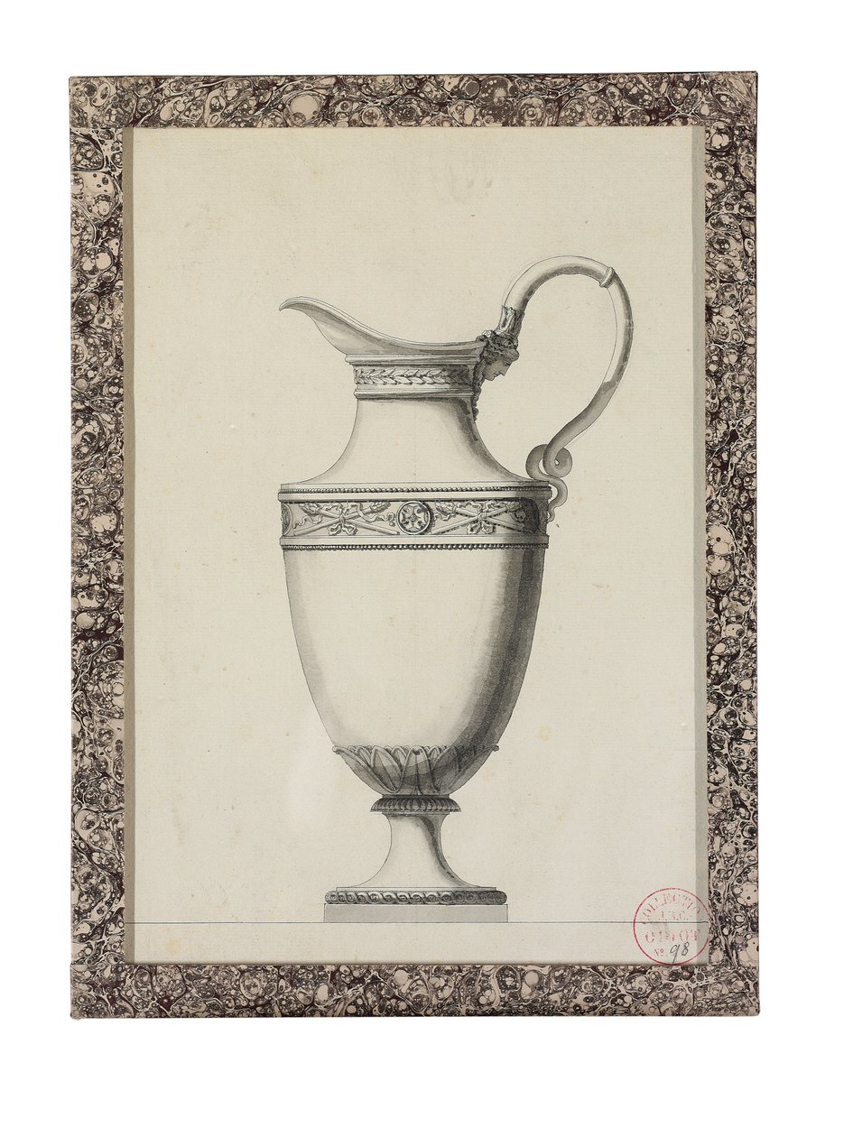 Projekt dzbanka z uchwytem maski greckiej (czarny ołów, długopis i czarny tusz, szaro-czarny wash on paper) autorstwa Jean Guillaume Moitte