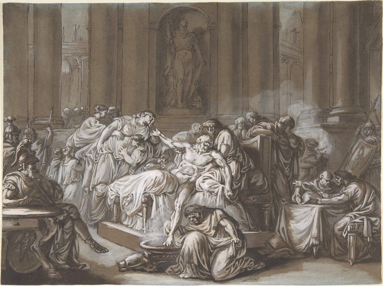 Śmierć Seneki (pióro i czarny tusz, pędzel i brązowe plamy, podkreślone białym gwaszem na niebieskim papierze) autorstwa Jean Guillaume Moitte
