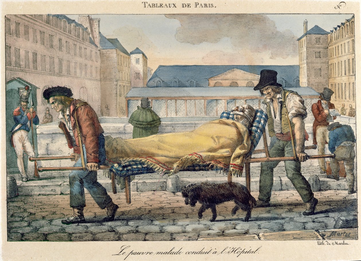 Inwalida przewożony do szpitala, z serii „Tableaux de Paris”, ok. 1820 r. autorstwa Jean Henri Marlet