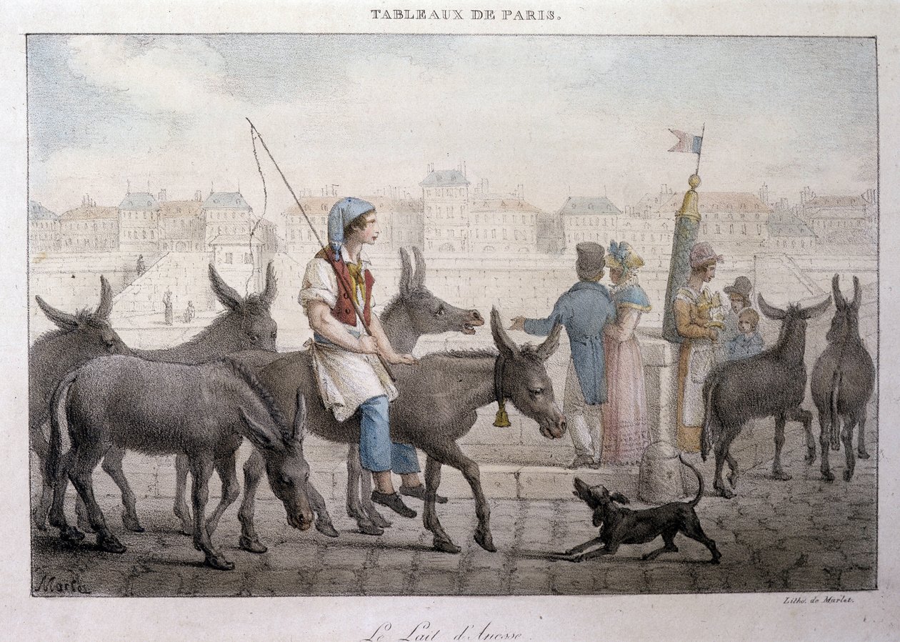 Dawny handel uliczny w Paryżu: kupiec oślego mleka (Ane dans Paris) - rycina Jean Henry Marlet (1771-1847) w „”Les Tableaux de Paris””, seria 72 rycin, koniec XIX wieku autorstwa Jean Henri Marlet