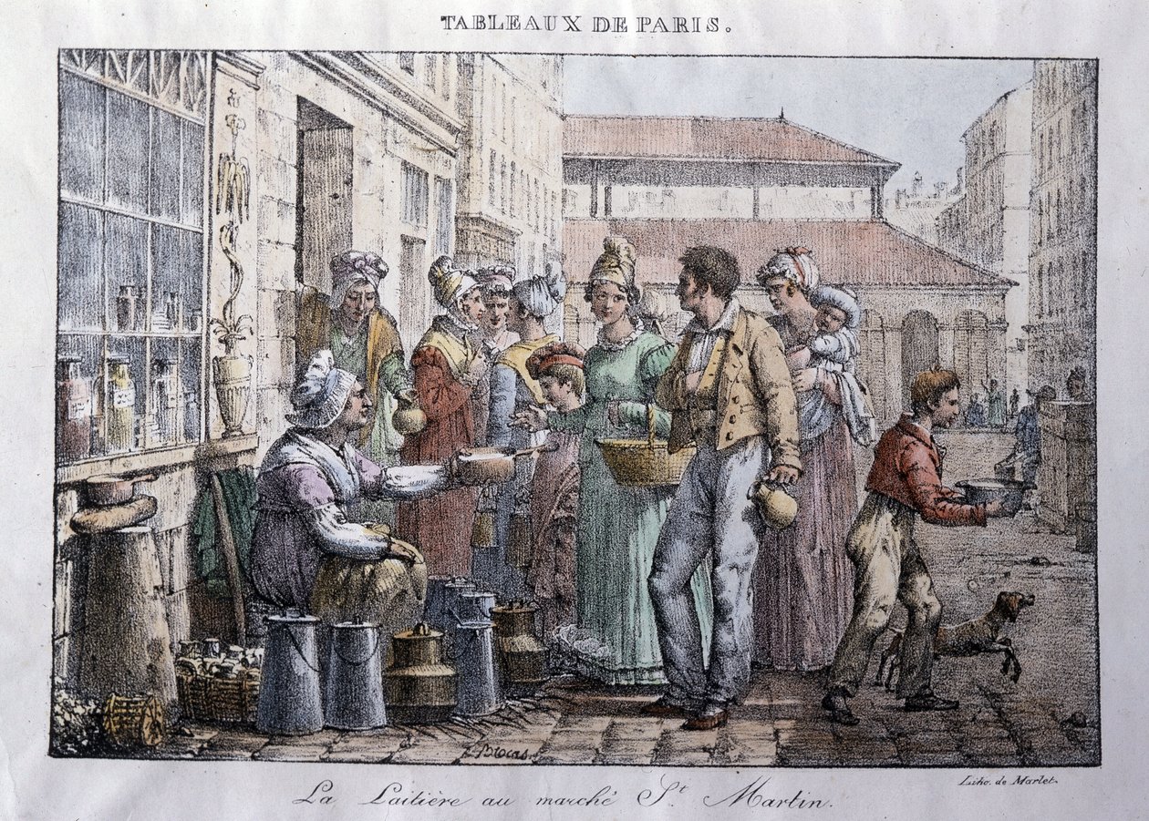 Stary handel na ulicach Paryża: Dojarka z targu św. Marcina (Saint-Martin) - rycina Jean Henry Marlet (1771-1847) w „”Les Tableaux de Paris””, seria 72 rycin, koniec XIX stulecie autorstwa Jean Henri Marlet